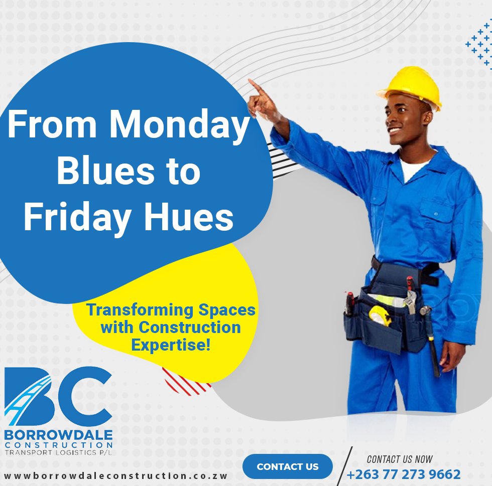 Borrowdale_Con's tweet image. Let us handle the hard work while you sit back and watch the transformation unfold. It's time to embrace the Friday hues and bid farewell to those Monday blues! 
#MondayBluesToFridayHues #TransformationExperts #ConstructionMagic #DreamSpaces #BuildingBrilliance