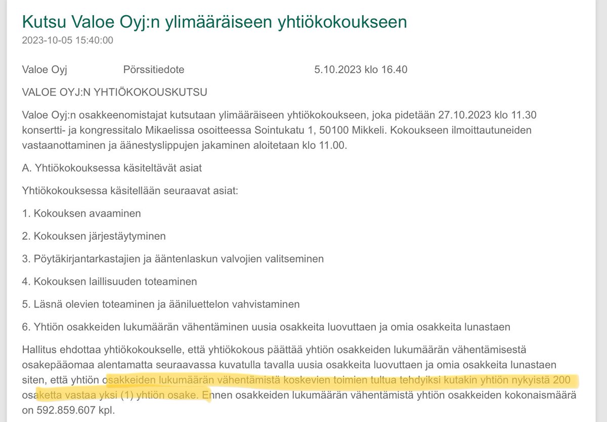 zijoittaja's tweet photo. Onko tämä #Valoe käänteinen splitti 🇫🇮 ennätys? 200:1 😬
Väitän muuten, että Finskin ✈️ on pakko turvautua samaan 🪄 sen annin jälkeen. Osakelkm on niin tolkuton, ettei senttiosakestatuksesta pääse muutoin eroon. Outsahan teki samoin sen 🇩🇪 ostoksen + antien jälkeen… https://t.co/IQbj3eqjFt