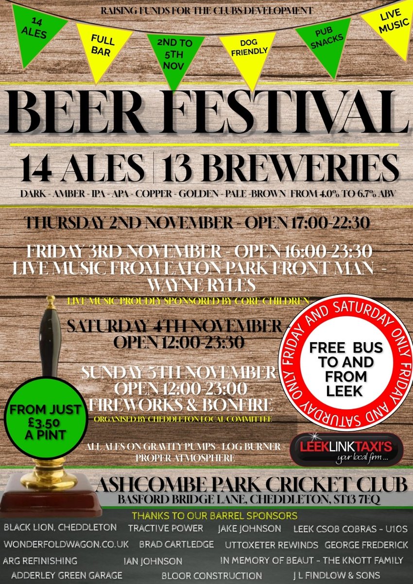 AshcombeParkCC's tweet photo. Beer festival 2nd,3rd,4th and 5th November at Ashcombe Park Cricket Club. Loads of Real Ales, normal bar also open with lager, cider, soft drinks and spirits. Check out the posters below for loads of information. #camra #realale #Festival #Livemusic #local #freebus #apcc https://t.co/wjqAW5NMdW