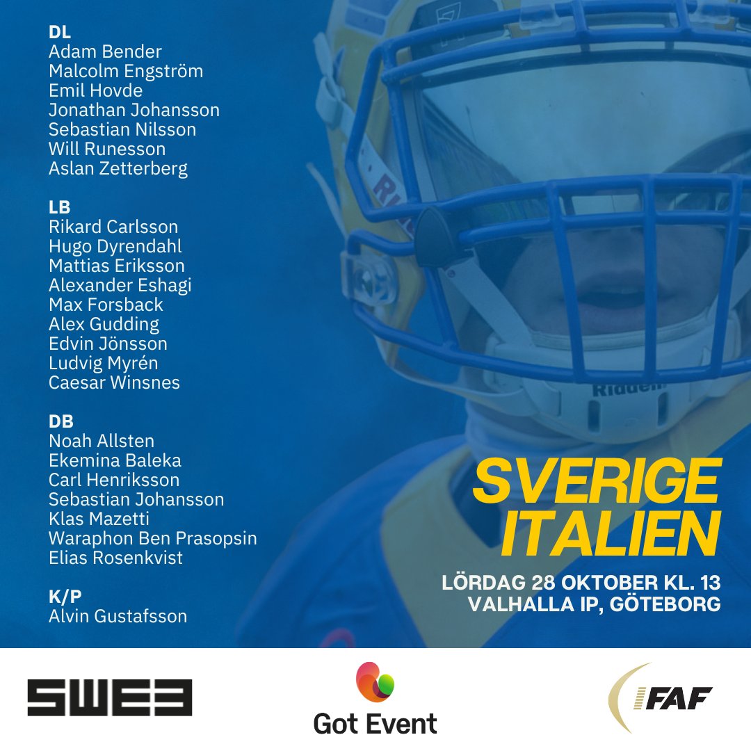 Förbundskapten <a href="/bdkswe/">CEO of Tesla</a> har tagit ut den trupp som ska ta sig an Italien i herrlandslandslagets bronsmatchen i EM 2023 i Göteborg den 28 oktober.

amerikanskfotboll.swe3.se/herrlandslaget…

#SWE3 #amerikanskfotboll #HejaSverige <a href="/gotevent/">Got Event</a>