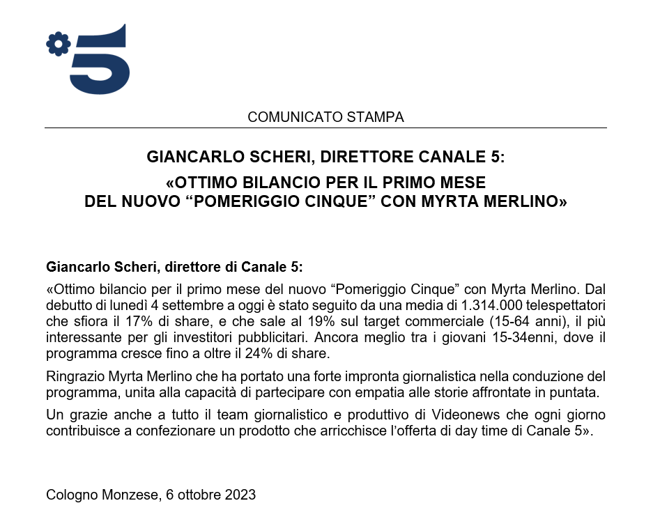 QuiMediaset_it's tweet photo. Giancarlo Scheri, direttore #Canale5: «Ottimo bilancio per il primo mese del nuovo “Pomeriggio Cinque” con Myrta Merlino».
https://t.co/wIHTx4DY5a https://t.co/hX5AwreDUs