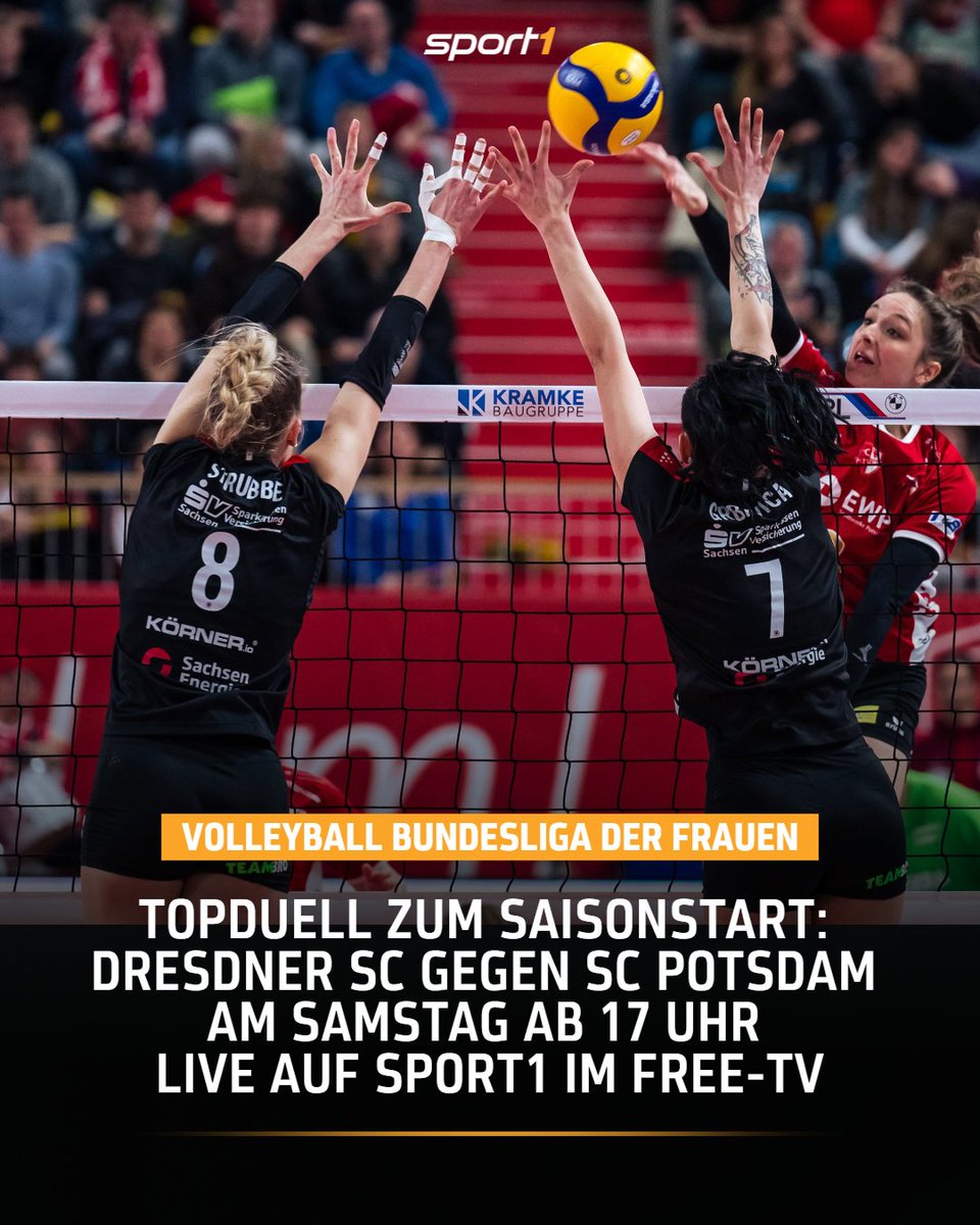 SPORT1_PR's tweet photo. Das Warten hat ein Ende - die @VOLLEYBALL_BL der Frauen startet wieder! Zum Auftakt zeigt @SPORT1 am Samstag ab 17 Uhr im Free-TV das Topspiel Dresdner SC (@dscvolley) gegen @sc_potsdam. @DirkBerscheidt kommentiert, Moderatorin ist @KathiHosser. https://t.co/Sw97UBW1wn