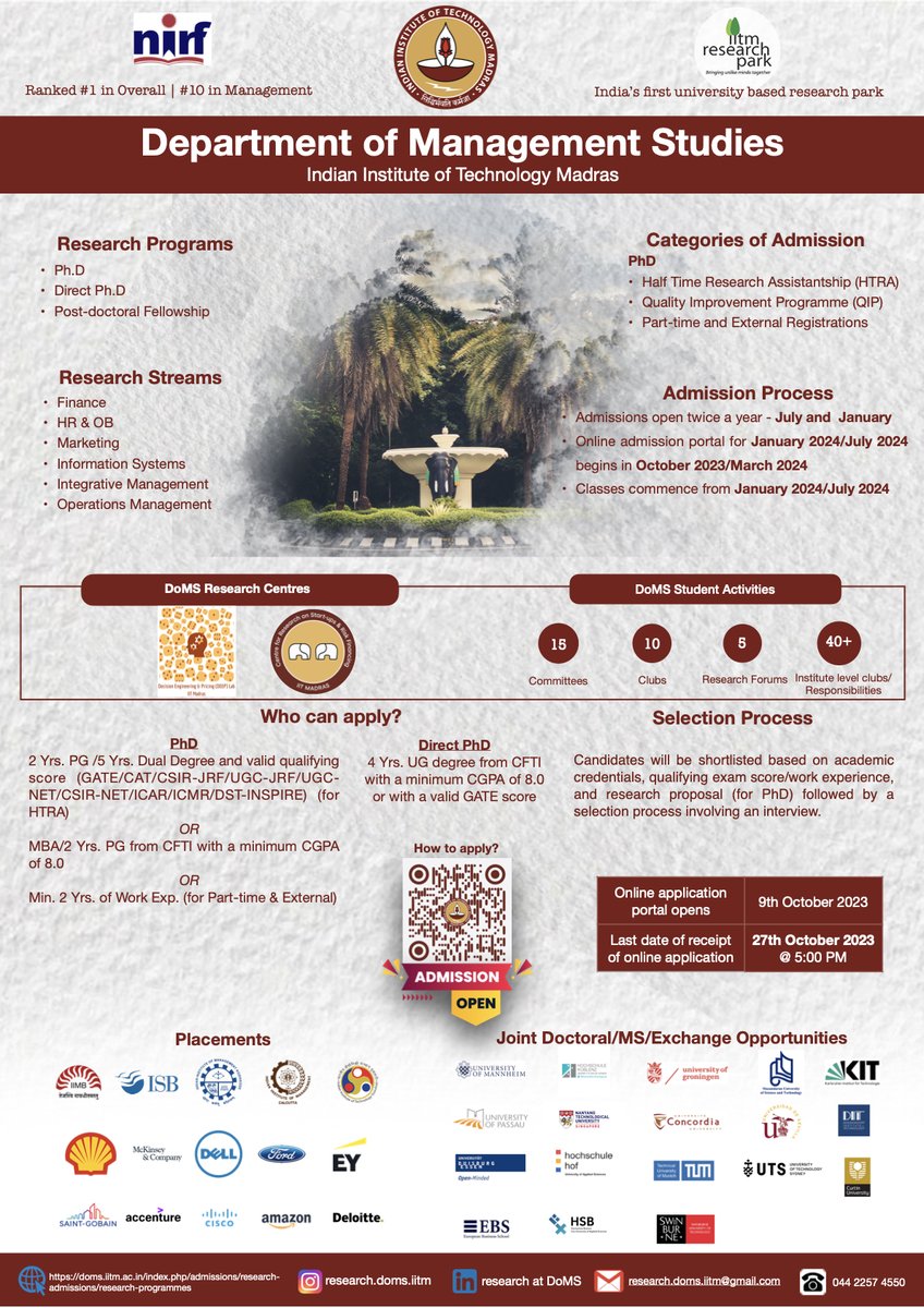 Research_DoMs's tweet photo. DoMS, IIT Madras invites applications for admission to the Ph.D. program for the January 2024 cycle.
Last date for application: 27th October 2023
For more details visit
https://t.co/YczTdKfCSl
https://t.co/5kD3uYA870
Contact: research.doms.iitm@gmail.com
04422574550
#research https://t.co/yPXqrA4qov