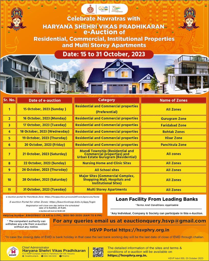 This Navratri, Haryana Shehri Vikas Pradhikaran brings to you e-Auction of Residential, Commercial, Institutional Properties and Multi Storey Apartments from 15th to 31st October 2023. #Haryana #HSVP