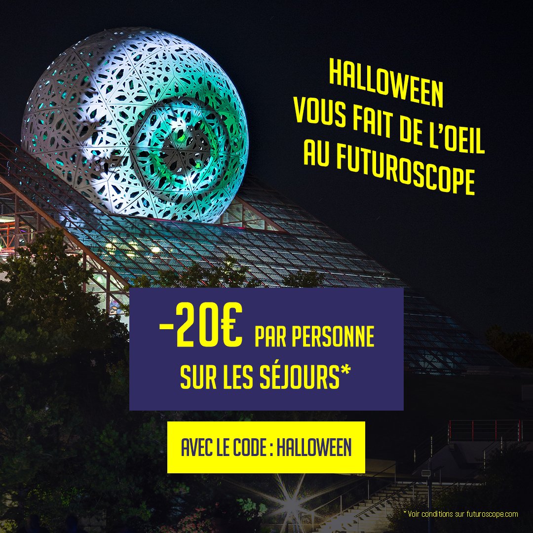 Halloween vous fait de l'œil au Futuroscope 🎃
Profitez de -20€ par personne sur les séjours, pour une visite du 21 octobre au 19 novembre 2023 inclus !
Réservez vite avant le 15 octobre avec le code HALLOWEEN 👻
Infos et conditions 👉 futuroscope.com/fr/offres/hall…