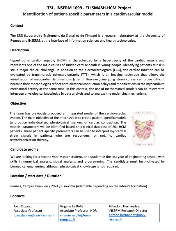 J_Duprez's tweet image. We are looking for an intern in second year of Master&apos;s degree, or in the last year of engineering school, to work on a mathematical model of hypertrophic cardiomyopathy ! Details below