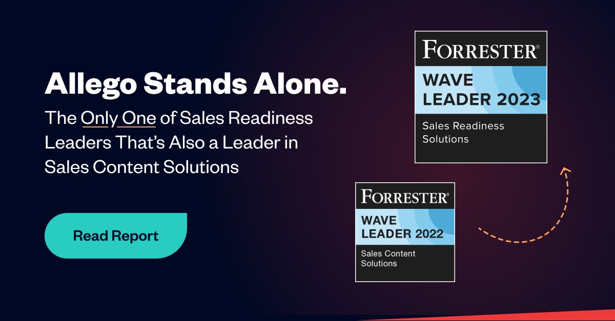Alan Burns (@alburns73) on Twitter photo <a href="/allegosoftware/">Allego, Inc.</a> has been named a Leader in the Forrester Wave™ for Sales Readiness. And that makes us the only vendor that's a leader in both Sales Readiness and Sales Content Solutions.
A huge thank you to our customers and colleagues at Allego.
tinyurl.com/3mdkf2w5 <a href="/allegosoftware/">Allego, Inc.</a> has been named a Leader in the Forrester Wave™ for Sales Readiness. And that makes us the only vendor that's a leader in both Sales Readiness and Sales Content Solutions.
A huge thank you to our customers and colleagues at Allego.
tinyurl.com/3mdkf2w5