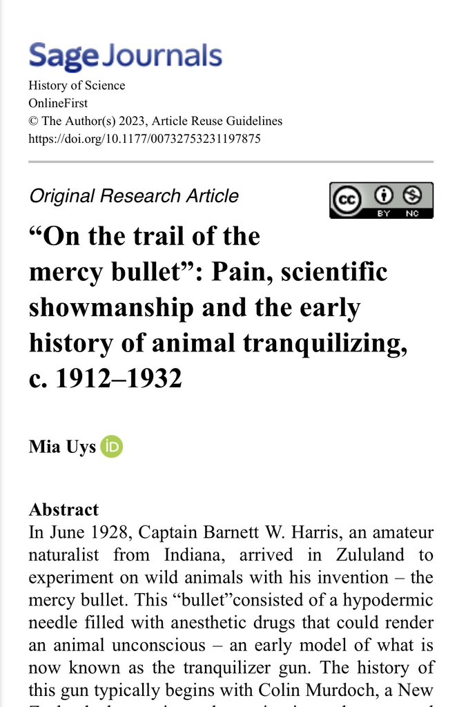 Are you working on histories of animal trade & transport? You might enjoy my article about the invention of the mercy bullet (1927) & its implications for our history of animal tranquillizing. #HistSTM #sts 🦏💉