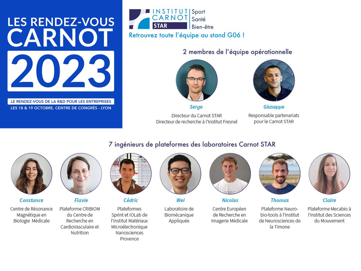 Institut Carnot STAR (@icarnot_star) on Twitter photo 📆 Retrouvez l'équipe Carnot STAR les 18 et 19 octobre aux <a href="/RDV_CARNOT/">Les Rendez-vous Carnot</a> ! 📍Stand G06
Venez échanger avec des experts sur la faisabilité de vos projets et sur vos besoins en recherche partenariale ! 🧠 🔬 🏃♀️🦿💊
Vous voulez prendre RDV ? C'est par ici ➡ rdv-carnot.com 📆 Retrouvez l'équipe Carnot STAR les 18 et 19 octobre aux <a href="/RDV_CARNOT/">Les Rendez-vous Carnot</a> ! 📍Stand G06
Venez échanger avec des experts sur la faisabilité de vos projets et sur vos besoins en recherche partenariale ! 🧠 🔬 🏃♀️🦿💊
Vous voulez prendre RDV ? C'est par ici ➡ rdv-carnot.com