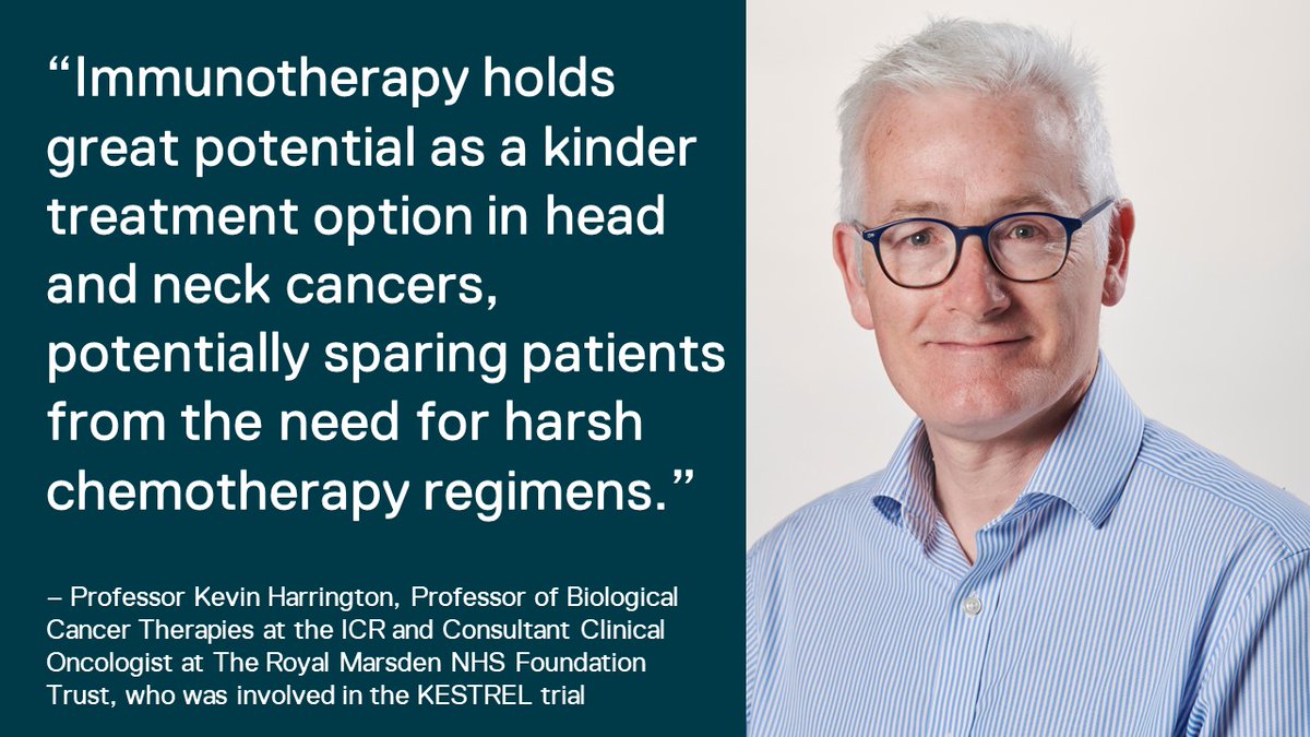 📢The findings of the KESTREL trial suggest that #Immunotherapy can extend the response of some #HeadAndNeckCancers to treatment, maintaining the anti-tumour effects for longer. 

The ICR's Prof Kevin Harrington who was involved in the trial shares more⬇️
icr.ac.uk/news-archive/i…