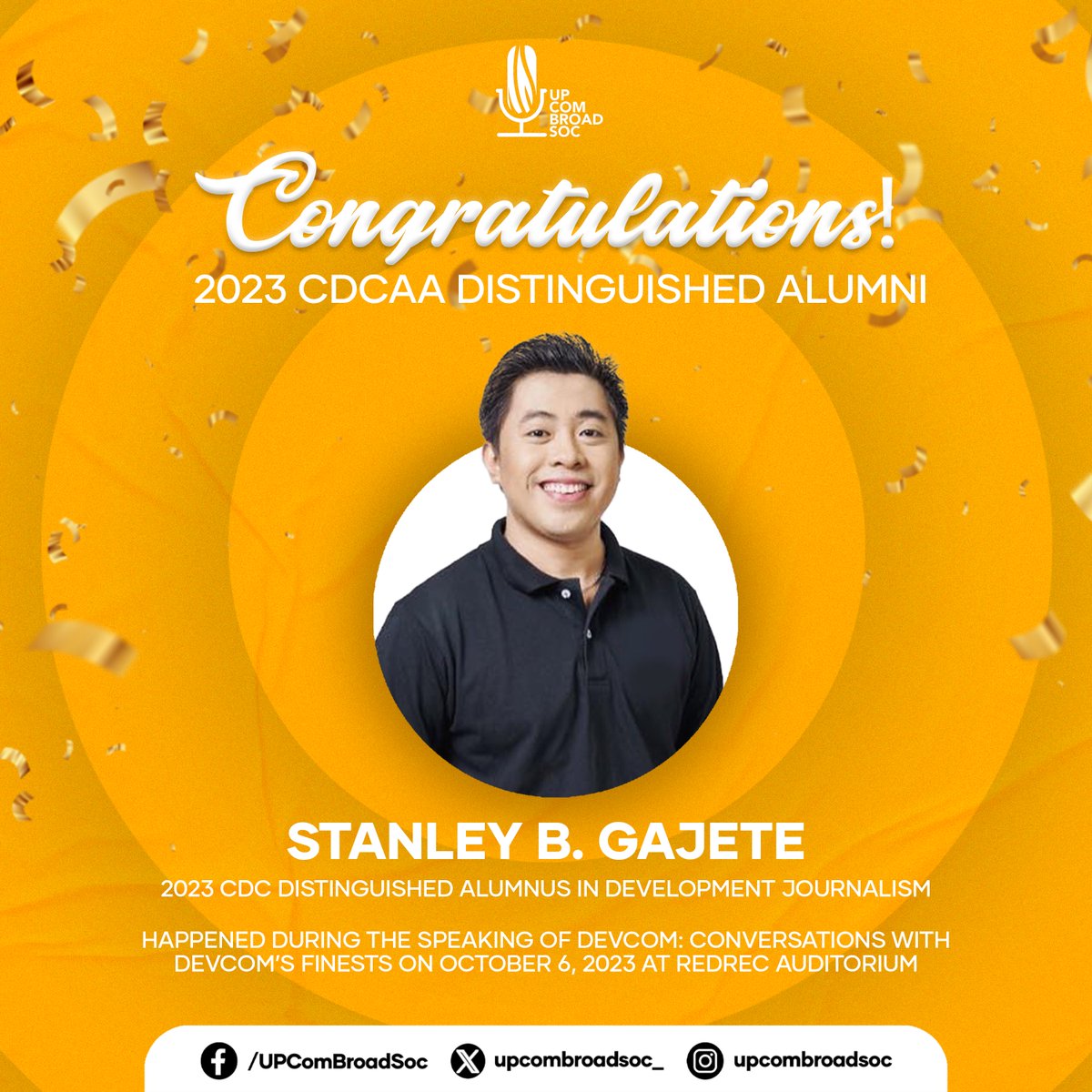 upcombroadsoc_'s tweet photo. Heartful Congratulations, Brod Stanley! 🥳

Tunay kang naiiba, nag-iisa, at nangunguna! ❤️💛

#CDC25
#HeartfulCommunication
#CDCAA2023
#UPComBroadSoc https://t.co/JKnSmhQoDs