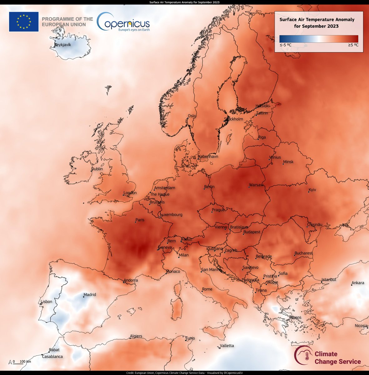 #ImageOfTheDay

According to <a href="/CopernicusECMWF/">Copernicus ECMWF</a>, September 2023 was the warmest September on record on the European continent ♨️ 

➡️Air T°🌡️ was 1.1°C higher than in 2020, the previous warmest September

⬇️Surface Air Temperature Anomaly for September 2023