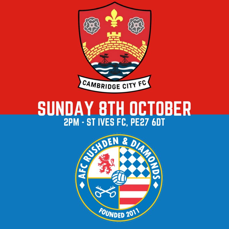 AFCRD's tweet photo. NEXT UP IN THE LEAGUE |

On SUNDAY we travel to play @cambridgecityfc, please note the earlier KO of 2pm!

🏆 @NorthernPremLge Midland Division
⏰ 2:00pm Kick off
🏟️ St Ives Town FC, PE27 6DT
🎟️ Adults £10, Over 65s £5, Students £5, 16-18s £3, U16s FREE
📻 https://t.co/wUnN96kjyV https://t.co/Wp8f4j0hGa