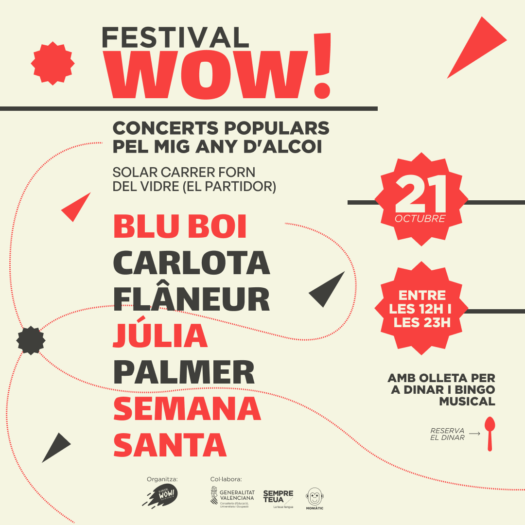 ¡Boom! 💣 El Mig Any de les Festes d'#Alcoi arriba amb sorpresa. Programació de concerts explosius el 21/10. Reserva per a dinar i gaudeix del bingo musical: forms.gle/YH31uyvBUP2qBj…. Que córrega la notícia! Ens veiem al Partidor! WOW! ❤️‍🔥🚀 #MigAnyAlcoi #ConcertsExplosius