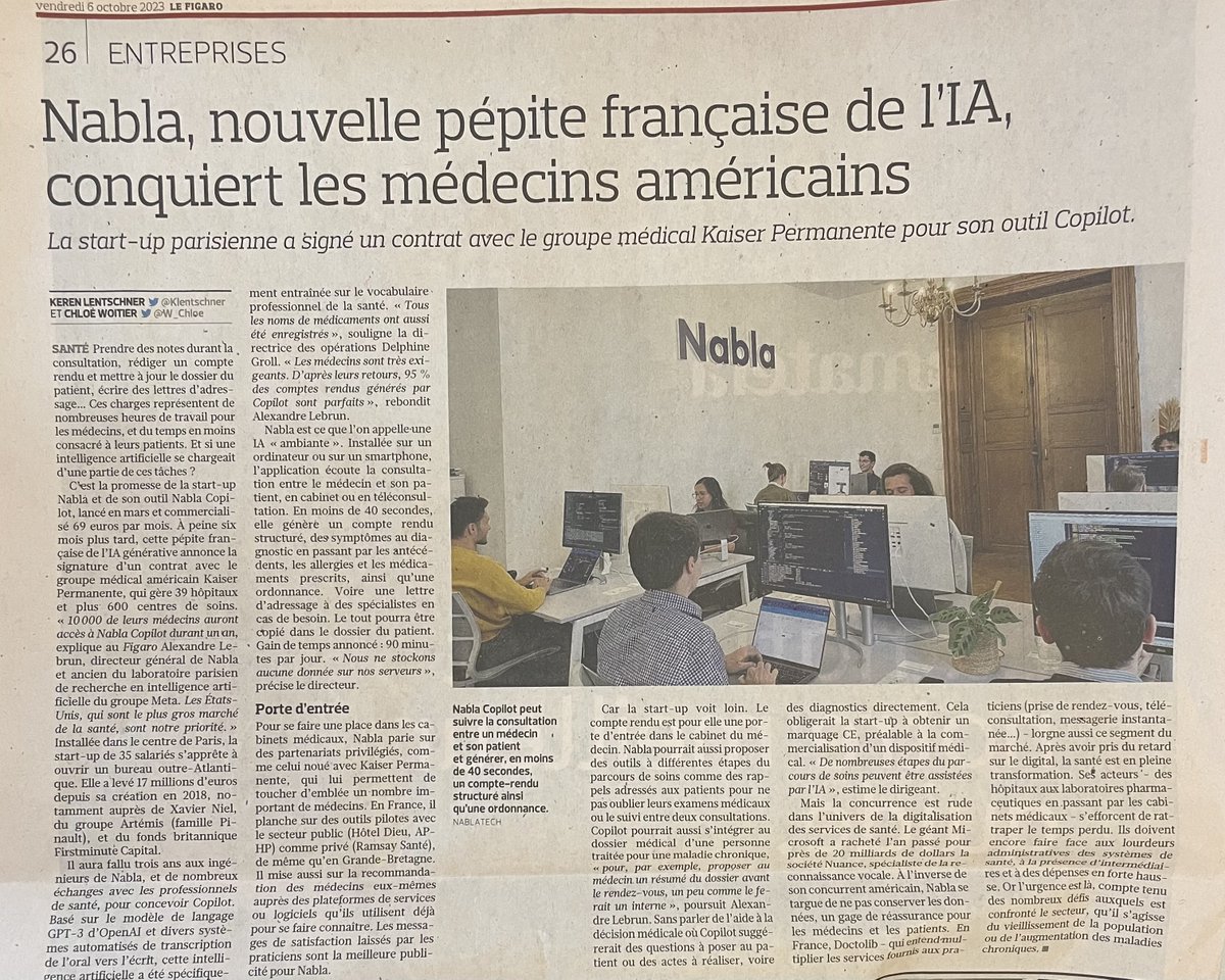 delphinegroll's tweet image. Thank you @LeFIGARO for this great article (&amp;amp; headline🙈)
Beyond this news about our partnership with one of the most respected healthcare in the US, this shows French AI companies can seriously s̶h̶a̶k̶e̶ ̶u̶p̶ compete in the US 🇺🇸🤠
by @W_Chloe @Klentschner