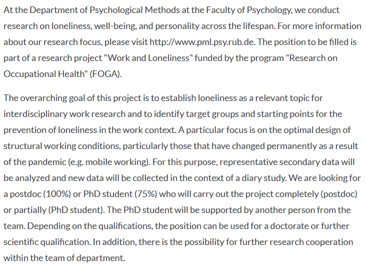 JOB ALERT! I am looking for a postdoc (100%) or PhD student (75%) for a new research project on work and #loneliness. The deadline for applications is Oct 31. More details: stellenwerk.de/bochum/jobboer…