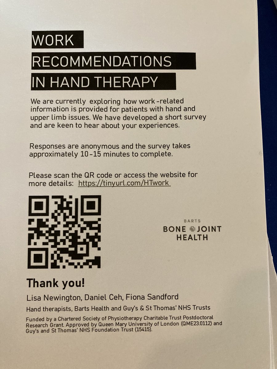 Excited to launch our survey <a href="/BAHTHandtherapy/">BAHT</a> 2023. UK hand therapists what are your thoughts on work recommendations for our patients? 👉tinyurl.com/HTwork