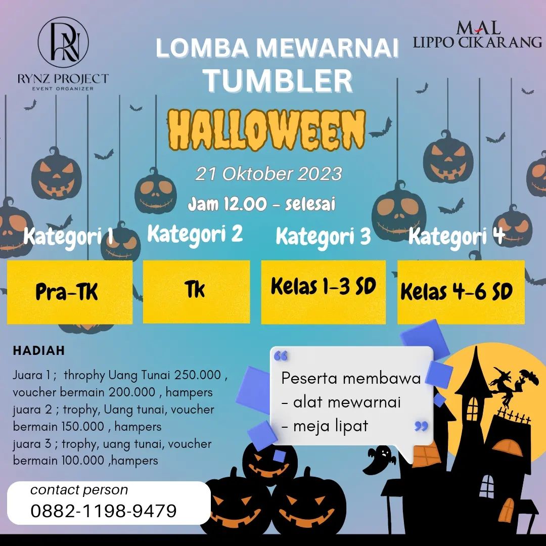 *COLORING COMPETITION* 

🗓 minggu 21 Oktober 2023 
⏰ 12 .00 sampai selesai 
📍Main atrium Lippo mall Cikarang

📌All peserta mendapatkan piala partisipasi dan tumbler 📌

------Informasi pendaftaran----------

☎0882-1198-9479