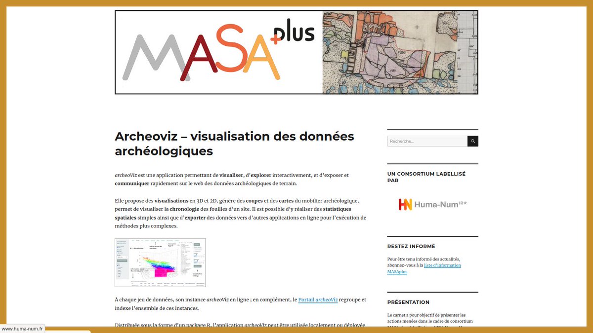 Retrouvez archeoViz, et de nombreux autres outils numériques pour l'archéologie, sur le site du consortium MASA+ <a href="/Huma_Num/">Huma-Num</a> 
« Mémoire des archéologues et sites archéologiques »

masa.hypotheses.org/archeoviz-visu…