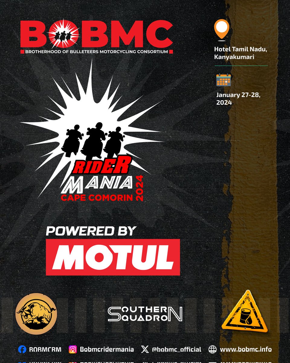 Bobmc_Official's tweet photo. We are happy to announce that BOBMC Rider Mania 2024 is Powered by @MotulIndia
Thank you Motul for your continued support to BOBMC and the community.
#MotulIndia #Motul #cruisewithmotul #MotulXBOBMC
#ridermania #bobmc #BOBMCRiderMania2024 #godspeed #motuloil #capecomorin https://t.co/f4jfCbfbIn
