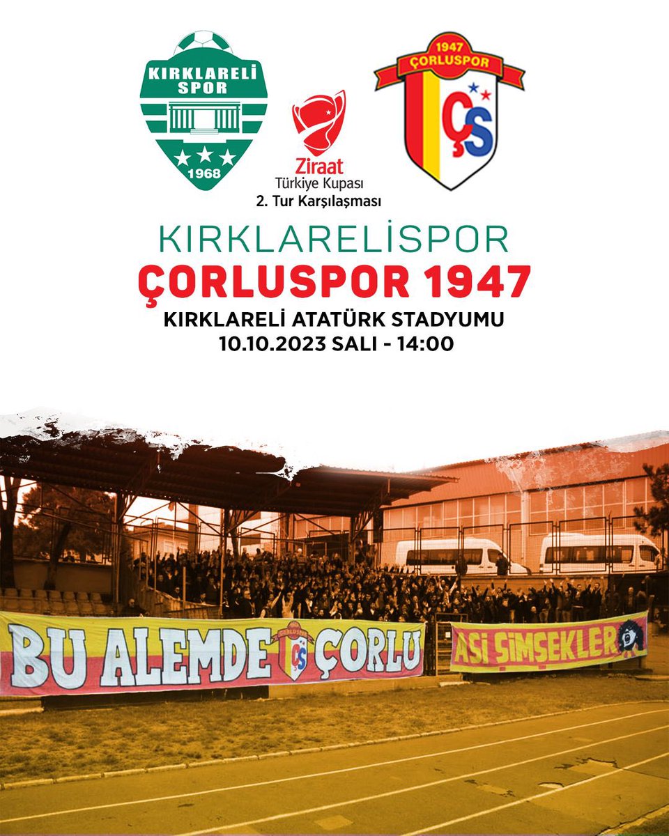Corluspor1947's tweet image. Takımımız, Ziraat Türkiye Kupası 2.Tur’da 10 Ekim Salı Günü saat 14:00’da 2.Lig temsilcisi Kırklarelispor’a konuk oluyor. İl Güvenlik Kurulunun almış olduğu karar neticesinde deplasman seyircisi maça alınmayacaktır. #ZTK