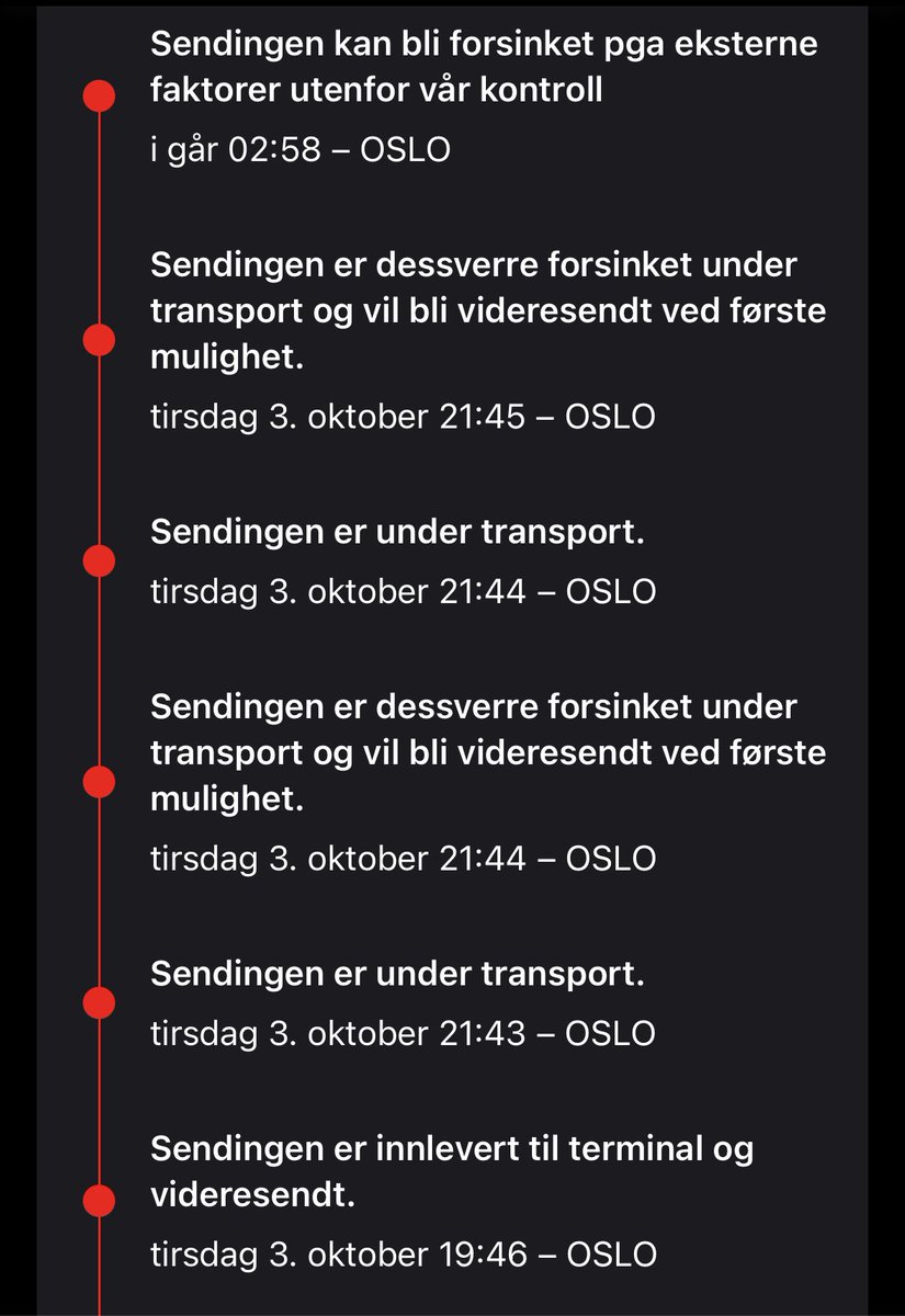 Kjeks1's tweet photo. Hei @postennorge, hvor lang tid skal en liten pakke bruke på å forlate Oslo? https://t.co/xtg9ByCiqB