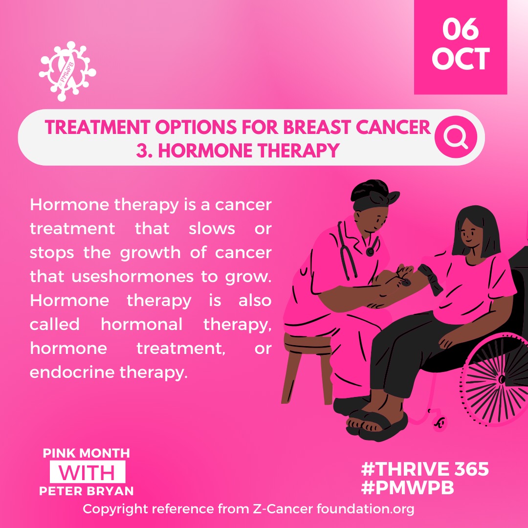 TREATMENT OPTIONS FOR BREAST CANCER 

#Surgery 

#chemotherapy 

#RadiationTherapy 

#Hormonetherapy 

#THRIVE365 
#PMWPB
#BreastCancerAwareness*