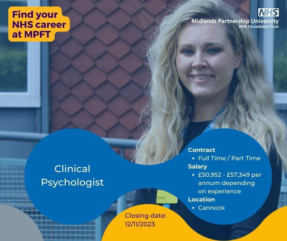 We've currently got an exciting opportunity recruiting for an 8a Clinical Psychologist to join us in CAMHS Cannock. 

We would also like to hear from newly, or soon to be, qualified Psychologists looking for B7-8a.

healthjobsuk.com/job/v5712172

#TeamCandF