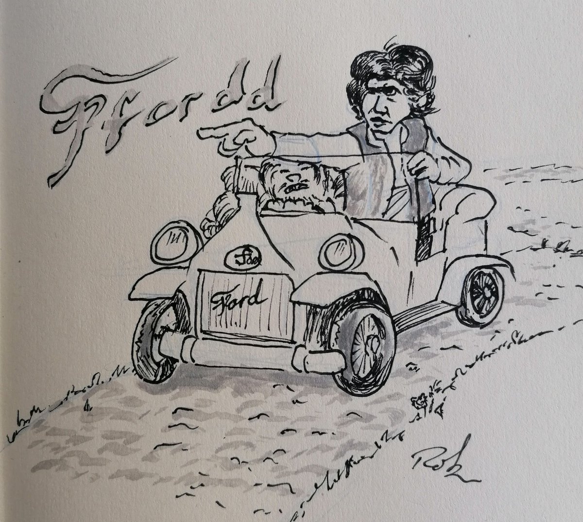 robgprice's tweet photo. I'm not going to be too obsessive about #inktober this year - so here's my third practice piece - mainly done on bus and train after landing at #Bézier two days ago.
The #Cymraeg for #path is #ffordd - ergo #HarrisonFord motioning "forth" in a #Ford!
(Yes, I overdid his hair!) https://t.co/2CUdHGM1s3