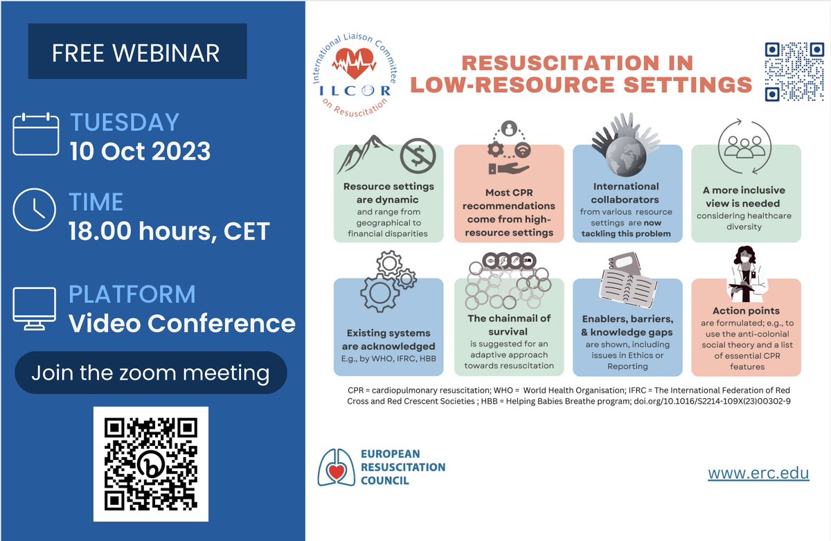 🤝Together with experts from the field, the authors of the recent ILCOR EIT TF statement on resuscitation in low-resource settings the ERC will host a webinar next Tuesday (10th of October) at 18:00h CET. ⏰ Join for free to hear their opinions on this topic and to discuss your…
