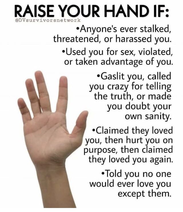 💜 Tick tick tick. Raise your hand or Purple Heart 💜 it! 💜
#gaslighting #stalking #sexualviolence #toxicrelationships #abuse