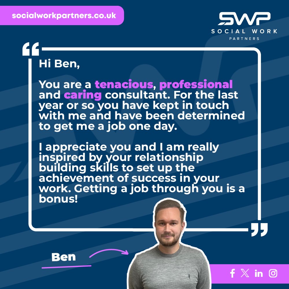 SWPartners_'s tweet image. We're ecstatic to receive such amazing feedback from Ben's candidate this week about their experience with Social Work Partners.
Congratulations to Ben for the tremendous work and for being a tenacious, professional, and caring consultant within our company.
#socialcare