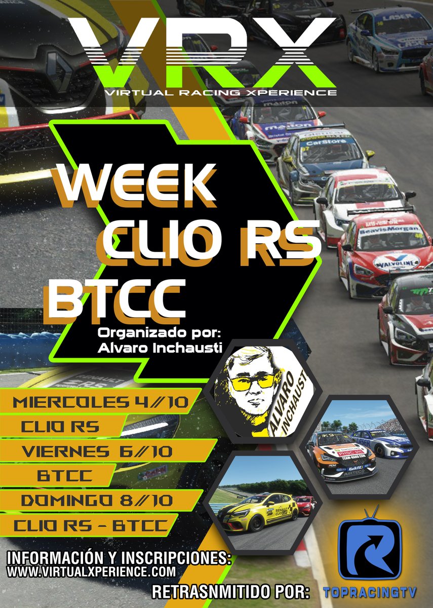 Hoy en VRX corremos BTCC con <a href="/ARInchausti1985/">Alvaro Inchausti</a> , 20:30h, 2 carreras de 30 minutos.
Inscríbete gratuitamente en virtualracingxperience.com, y visualiza las carreras por el canal de twitch de <a href="/TopRacingTV/">Top Racing TV</a>  que hara el directo de las carreras.
Patrocinado por <a href="/SRPsimracingpro/">SRP SimRacing-Pro.com</a>