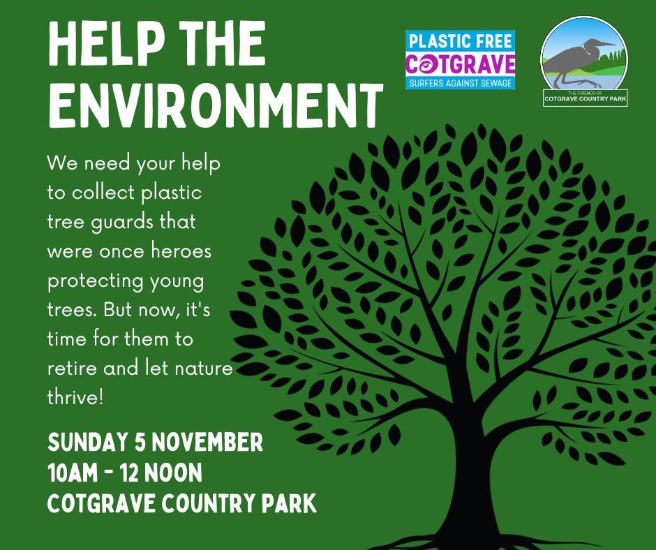 🌳 Join Plastic Free Cotgrave + Friends of Cotgrave Country Park! 🌳
📅 Date: Sunday, Nov 5 
🕙 Time: 10AM - 12PM Cotgrave Country Park. 
Help us ditch those plastic tree guards and protect our environment. 🌍💚Meet at Hollygate Lane car park at 10AM. 🌟#CotgraveCountryPark