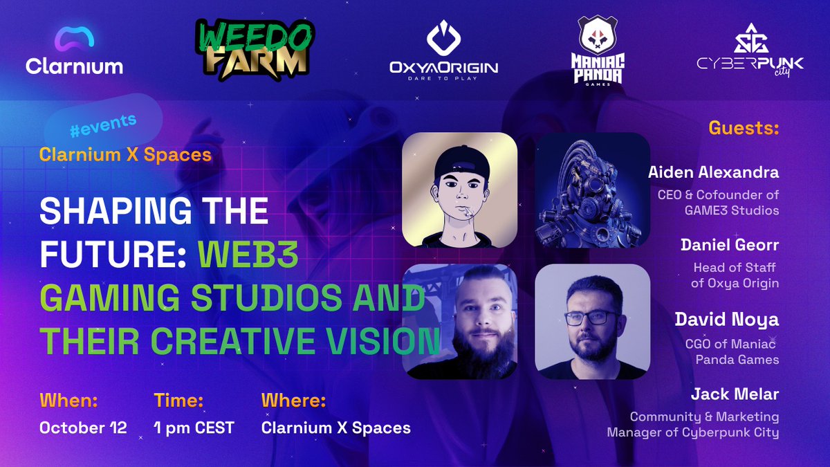 🔥X Spaces Announcement🔥

Topic: "Shaping the Future: Web3 Gaming Studios and their creative vision"

🗓 Date: October 12
⏰ Time: 1 pm CEST
📍Venue: x.com/i/spaces/1OdKr…

📢 Key points:
1️⃣ Which unique creative approaches and visions do you bring to the industry?
2️⃣ How do