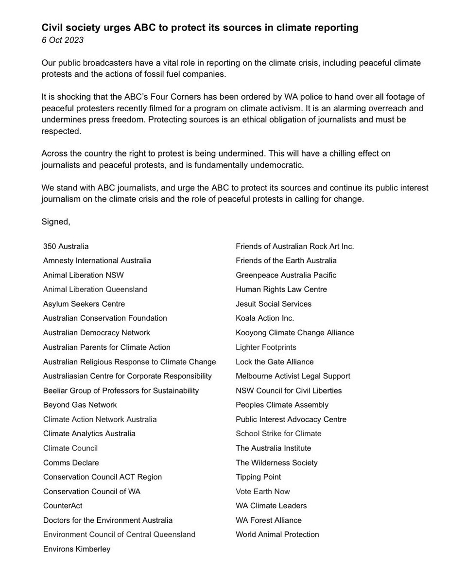 Proud @GreenpeaceAP is one of 40+ civil society & Enviro NGOs calling on @abcnews to protect their sources & not hand over all footage collected for a 4 Corners program on climate activists to the WA cops. We stand with CCWA, ACF, CANA, HRLC, Amnesty & more to say #ProtectProtest