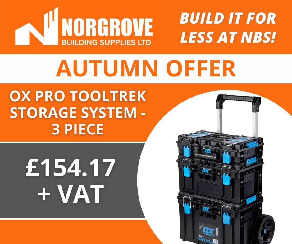 NorgroveBuild's tweet photo. Save big on this OX TOOLTREK Modular Tool Storage System this Autumn! 🍁

✅ Water &amp; dust resistant - keep your tools clean and dry
✅ Anti-shock construction 
✅ 9" Wheels with a thick layer of rubber

Get your hands on the OX TOOLTREK System NOW:
https://t.co/RiKzD3FUHz https://t.co/hfrKywlHH1