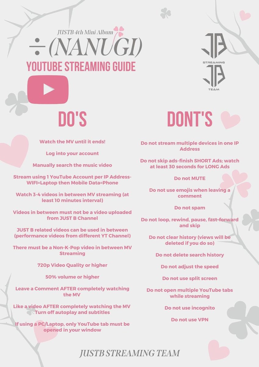 JustbSTeam's tweet image. Here are the DO's and DONT's for YouTube. Please be guided 🩷