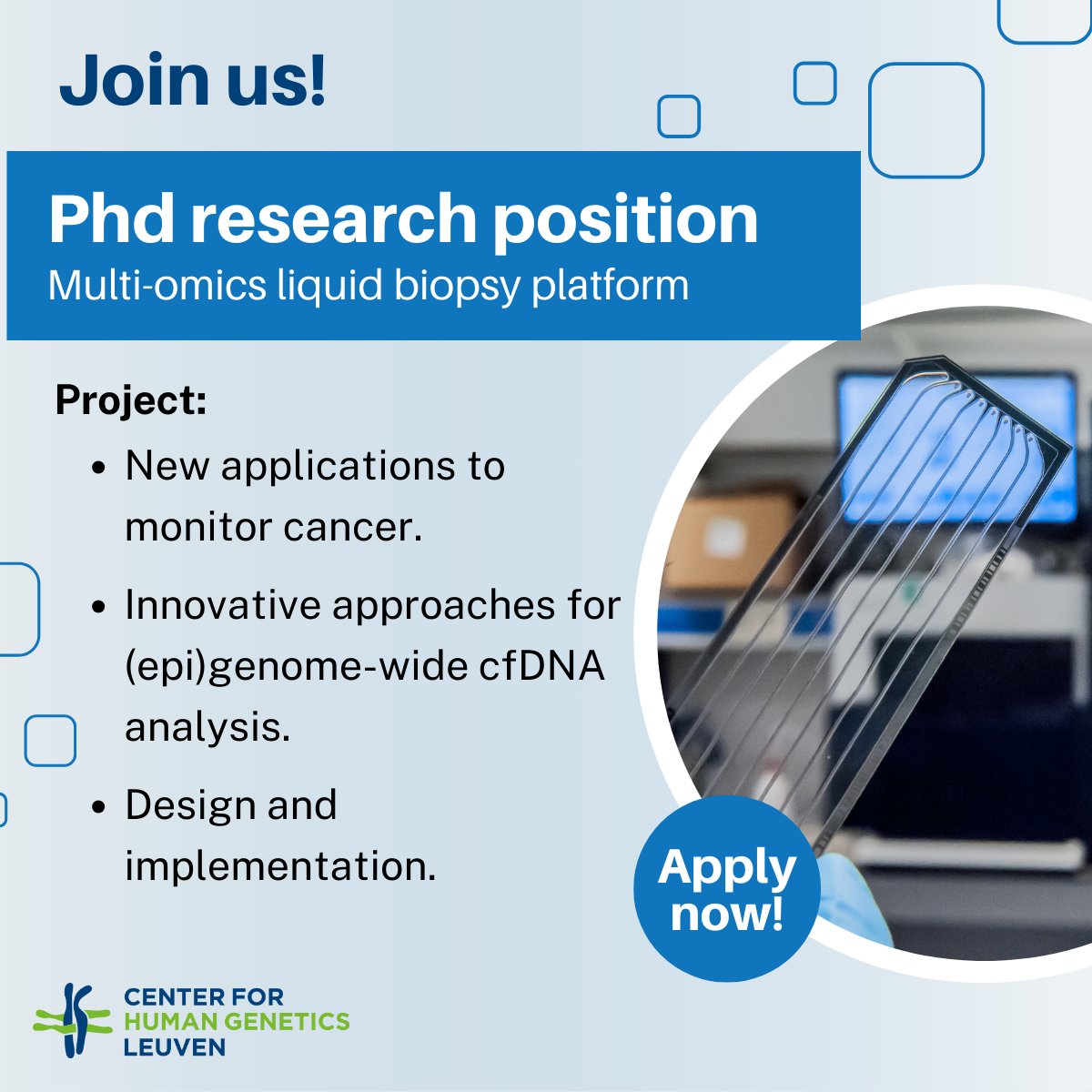CHG_CME's tweet photo. #JobAlert: The research group of @JorisVermeesch has an open position for a #PhD candidate 'Research in multi-omics liquid biopsy platform'.
More info &amp; application:
https://t.co/0VlhRMojy3
#vacancy #job #PhDposition #omics https://t.co/97nbG7QYnb