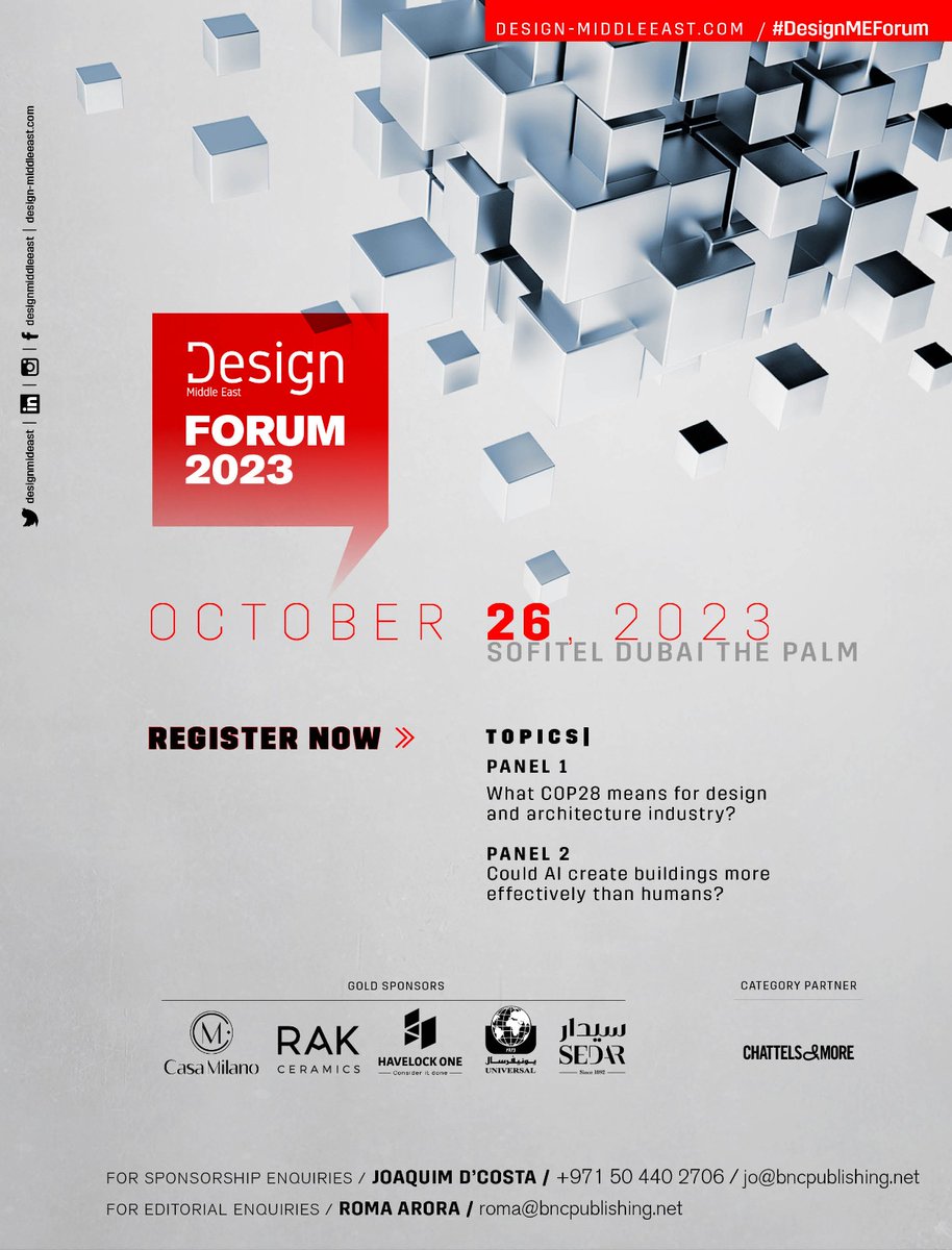 DesignMidEast's tweet photo. #Limitedseatsleft #DesignForum #Oct26
Design Forum 2023 gives an opportunity to network and explore intriguing industry subjects such as how #COP28 will effect the design and architecture in the region and, should designer and architects be worried of #AI?
https://t.co/EcouLLQaK4 https://t.co/TTfCwN3Sqh