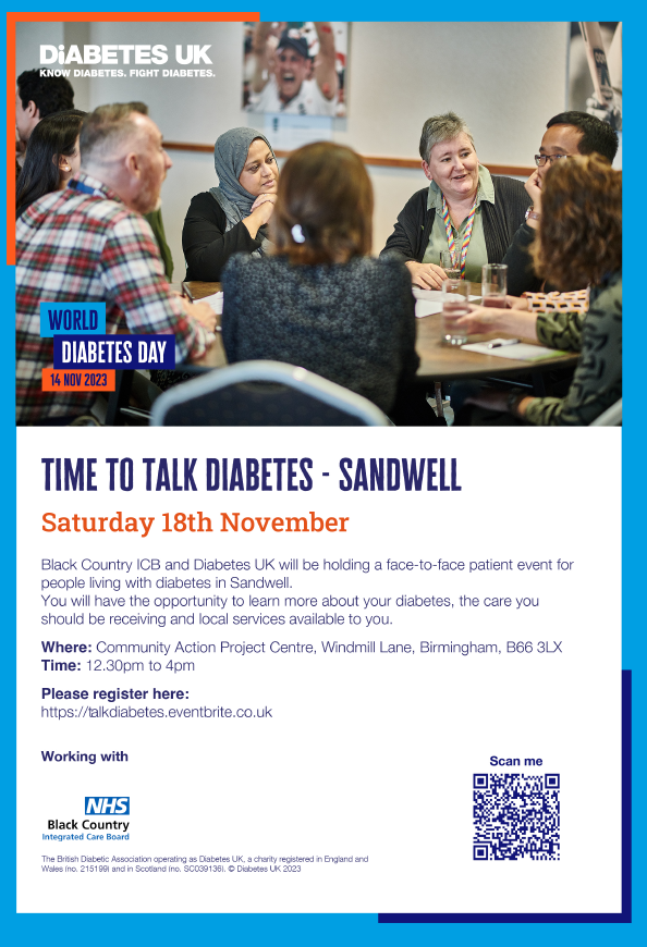 In partnership with NHS Black Country @NHSinBlkCountry, we're holding a face-to-face event for people living with #diabetes in #Sandwell, #Birmingham on 18th November. #WorldDiabetesAwarenessMonth 👉Register now talkdiabetes.eventbrite.co.uk