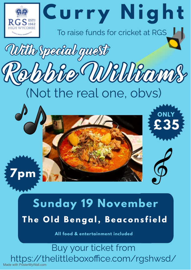 RGSHWSport's tweet photo. Join Friends of Cricket and Robbie Williams (not the real one, sorry) @BengalOld on Sun 19 November & help support our cricket programme. Tickets available from Little Box Office: https://t.co/32Um00RiZh
#CurryNight #RobbieWilliams #Fundraising #FriendsofCricket #TheRGSHWWay https://t.co/2RuVFrGhBS
