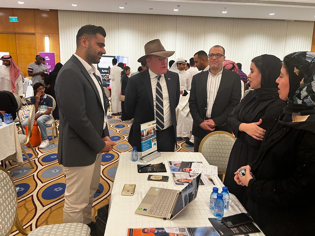 AusAmbKSA's tweet photo. Great to visit @IDPSaudiArabia’s education expo. We value our close working relationship with @moe_gov_sa and Australian universities as we work together to grow the education links that will deliver for young Saudis who want to contribute to @SaudiVision2030. MD🇦🇺🇸🇦 https://t.co/9jFvj8haxf