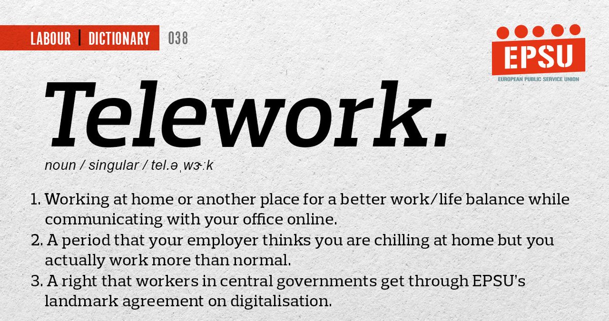 EPSUnions's tweet photo. 📚EPSU #LabourDictionary unfolds a concept that became essential to working life with the pandemic: #telework💻
Today marks the 1️⃣ anniversary of our digitalisation agreement in central governments. But @EU_Commission has not transformed it into a directive yet. Time for action! https://t.co/r47QiNsUao