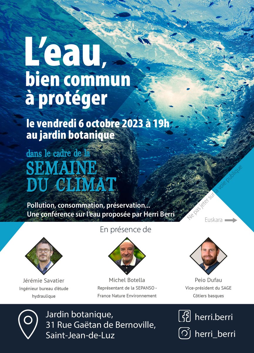 SavatierJ's tweet photo. 👋Venez nombreuses et nombreux ce soir !
 💧💦Conférence sur l'#eau organisée par @HerriBerri64500 / Bilkura publikoa
#saintjeandeluz #donibanelohizune #herriberri 
👇
Clip de teasing :
[Fr] https://t.co/eqFyipvKsG
[Euskaraz] -> https://t.co/faWYILUGst https://t.co/UufC35JmMD