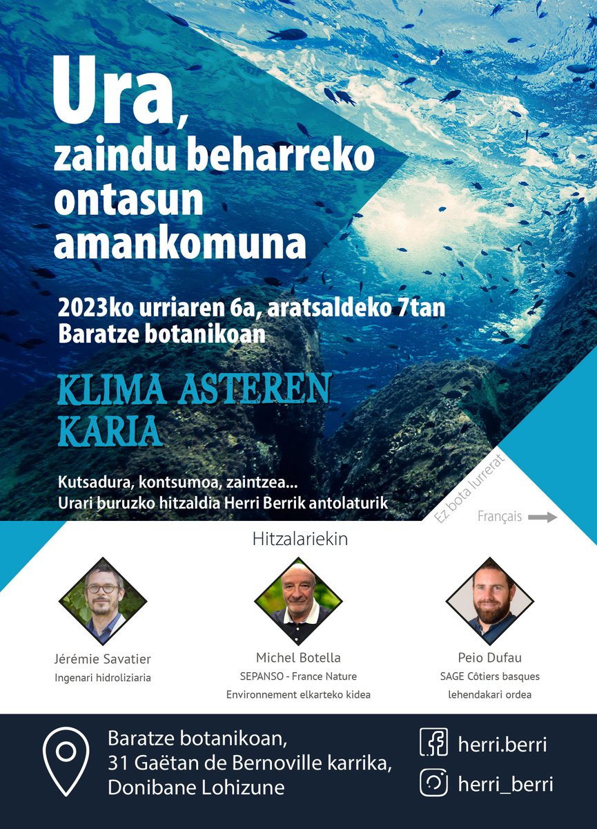 SavatierJ's tweet photo. 👋Venez nombreuses et nombreux ce soir !
 💧💦Conférence sur l'#eau organisée par @HerriBerri64500 / Bilkura publikoa
#saintjeandeluz #donibanelohizune #herriberri 
👇
Clip de teasing :
[Fr] https://t.co/eqFyipvKsG
[Euskaraz] -> https://t.co/faWYILUGst https://t.co/UufC35JmMD