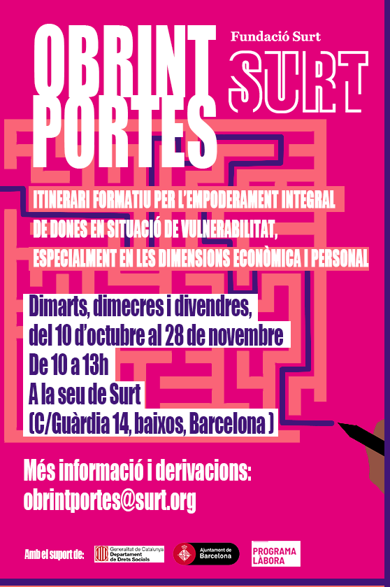 Fundacio_Surt's tweet photo. 🟣Obrint Portes inicia una nova edició en què acompanyarà dones en situació de vulnerabilitat a promoure el seu empoderament integral, amb especial atenció a l'àmbit econòmic i personal.   
+ info i derivacions: obrintportes@surt.org
https://t.co/O1CaBcQykf https://t.co/SMPUKFldJC