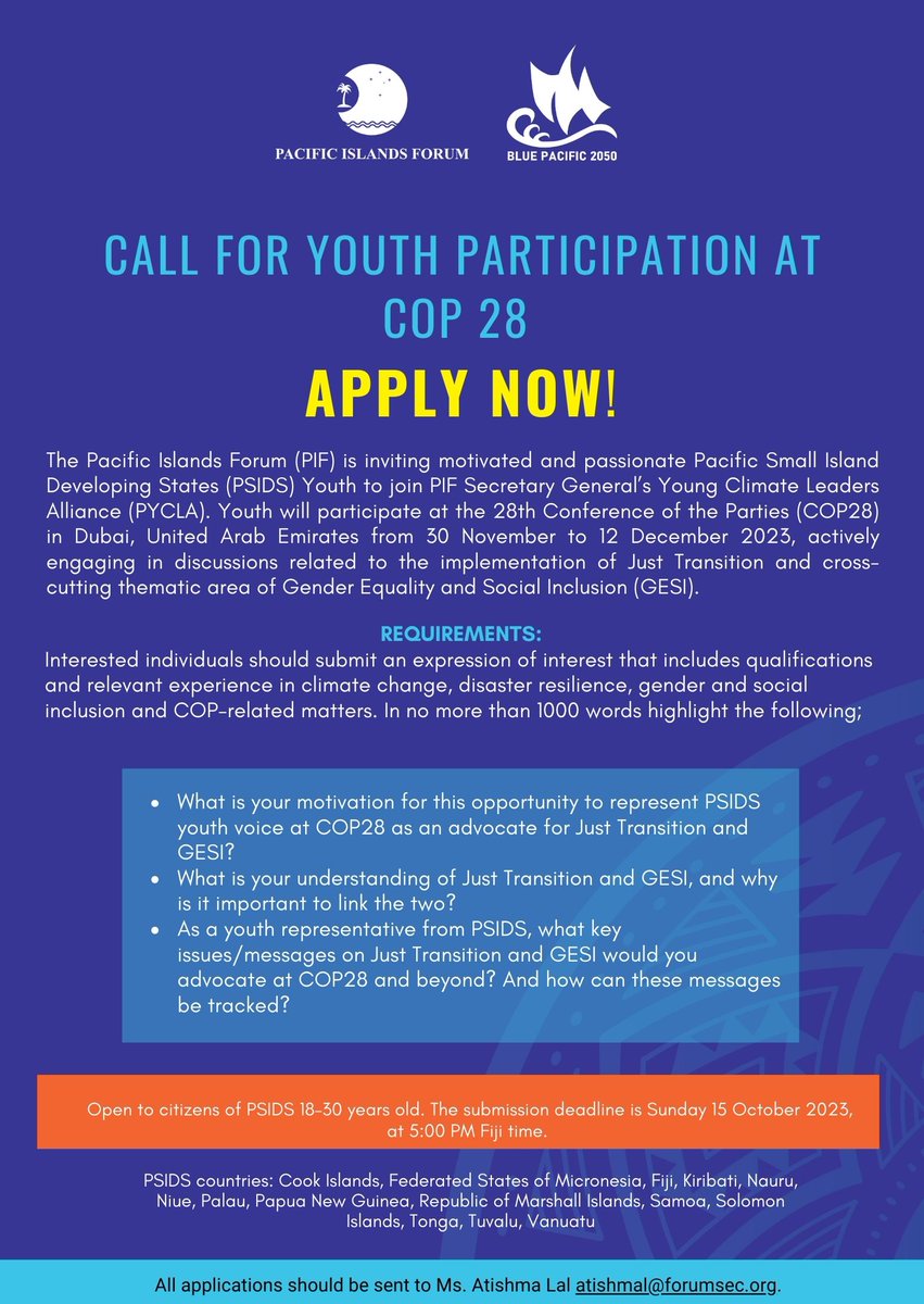 ForumSEC's tweet photo. Calling Pacific Youth! We want to see you participate at COP 28 – APPLY NOW!

@ForumSEC is inviting motivated and passionate Pacific Small Island Developing States Youth to participate at the 28th Conference of the Parties (COP28) in Dubai from 30 November to 12 December 2023!! https://t.co/UmEVJWJrVm