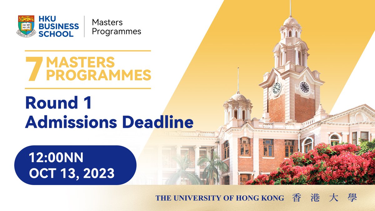 The 7-day countdown to our first round one-year full-time #MastersProgrammes application deadline has begun!

Round 1 admissions deadline📅: 13 October 2023 (Friday) 12:00nn HKT
Apply now👉 masters.hkubs.hku.hk