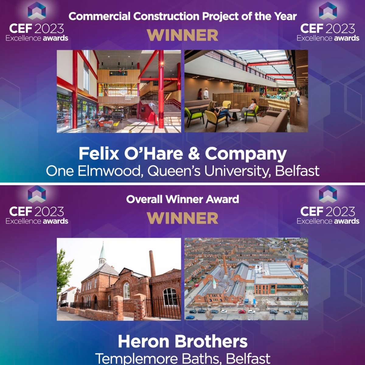 Huge congratulations to Felix O'Hare & @HeronBros winning at @CEFNI1  Awards👏😊

We are thrilled for both Main Contractors, well deserved✨

Our team provided the MEP installations for the  projects💫

Well done to all the Contractors who won & were finalists!
#NUGENTTeam 🔧⚡